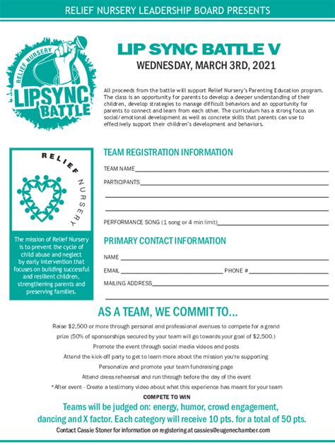 Fillable Online Relief Nursery Lip Sync Battle Registration Form Fax