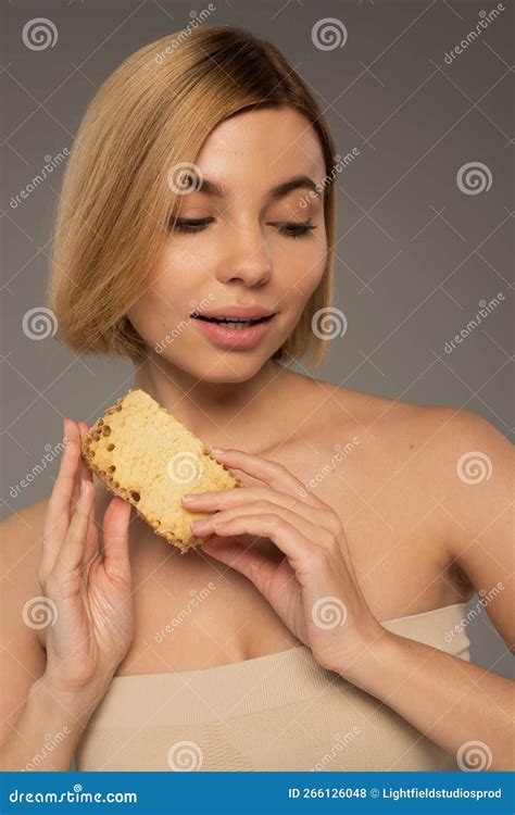 Blonde Woman With Bare Shoulders Holding Stock Photo Image Of Organic Natural