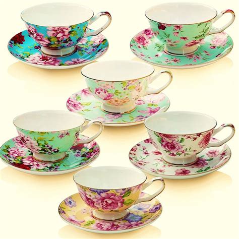 Floral Tea Cup and Saucer Set of 4, Bone China Porcelain