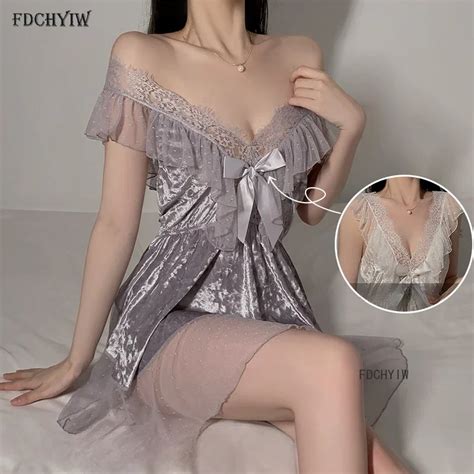Lace Nightgown Women Sexy Lingerie Nightwear Suspender Nightdress Bow Pajamas V Neck Sleepwear