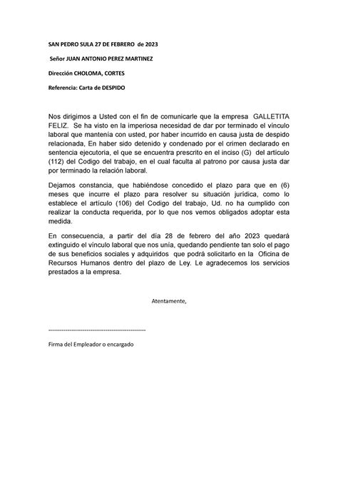 Carta De Despido Y Notificacion De Despido Indirecto San Pedro Sula