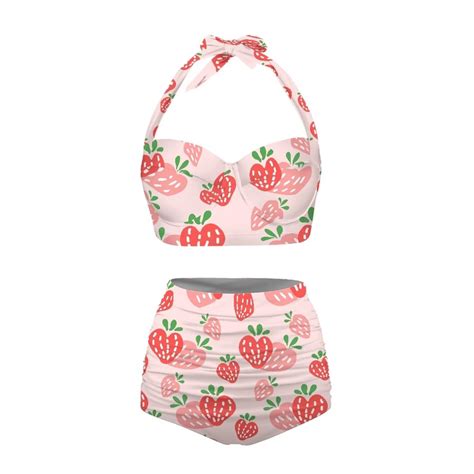 Jndtueit Strawberry Women S Retro High Waist Ruched Bikini Set 2 Piece Swimsuit Sexy Swimwear