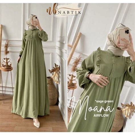 Jual Moana Dress Nabtik Crinkle Airflow Rempel Maxy Gamis Polos Sage