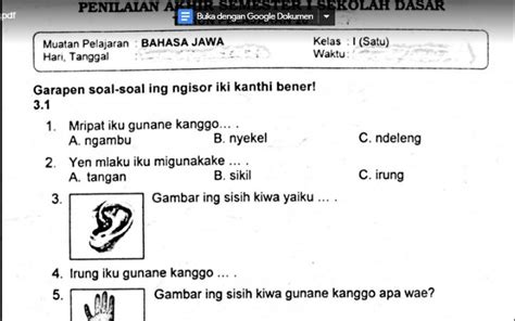 Soal Ulangan Bahasa Jawa Kelas 1 Semester 1 K13 Sekolahdasarnet