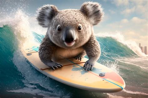 Premium AI Image A Koala Is On A Surfboard In Front Of A Wave