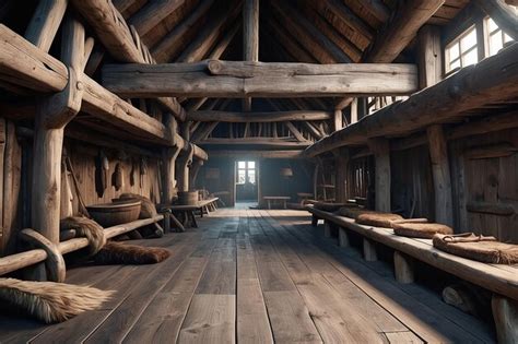 Premium Photo A Viking Longhouse With Wooden Beams And Animal Hides