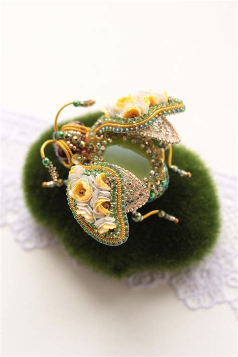 Embroidered Bug Brooch Insect Pin With Flower And Crystal Beaded Bug