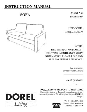 Fillable Online INSTRUCTION MANUAL SOFA Model No DA6922SF UPC CODE