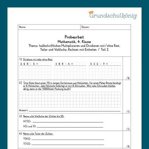 Mathe 4 Klasse Zwei Proben Halbschriftliches Multiplizieren Und D Grundschulkönig Gmbh