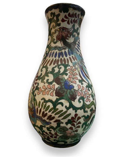 Proantic Vase En Bronze Et émaux Cloisonnés XIXeme Motif Phénix