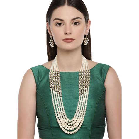 Buy Zaveri Pearls Gold Tone Long Multi Layer Kundan And Pearl Necklace And Earring Set Zpfk7650 Online