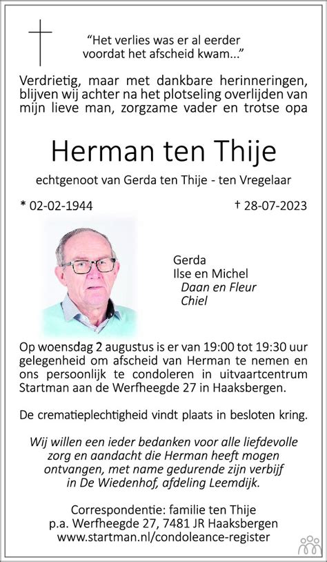 Herman Ten Thije 28 07 2023 Overlijdensbericht En Condoleances