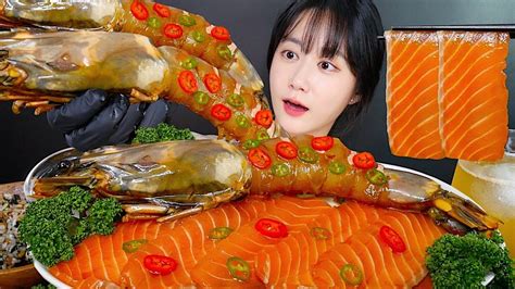 Giant King Tiger Shrimp Raw Salmon Asmr