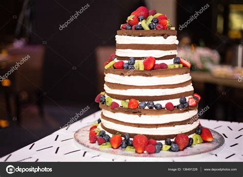 Naked Layered Chocolate Cake Topped With Fruit Stock Photo Victoriasky