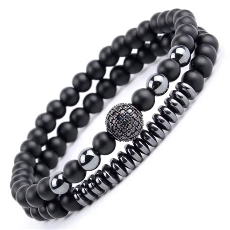 Pcs Set Distance Bracelet Men Matte Natural Stone Black Agates Beaded