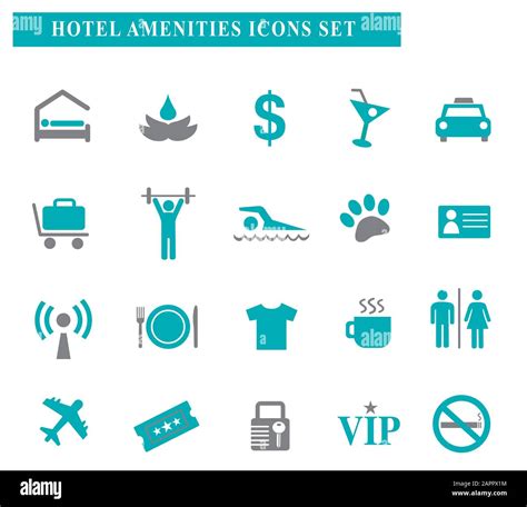 Hotel Amenities Turquoise And Grey Symbol Icons Set Symbols Stock