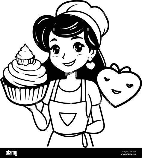 Cute Girl Chef Holding Cupcake And Heart Vector Illustration Stock