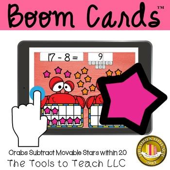 Boom Cards Crab Subtract Movable Stars Summer Math Distance Learning