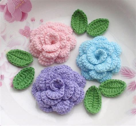 Crochet Flowers Roses With Leaves Yh Etsy