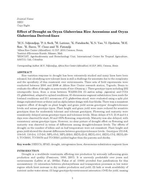 (PDF) Effect of Drought on Oryza glaberrima Rice Accessions and Oryza ...