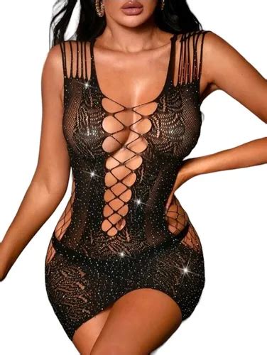 2024 Bodysuit Malha Renda Lingerie Mini Vestido Sexy Parcelamento Sem