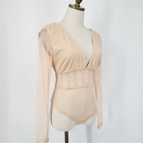 Nbd Tops Nwt Nbd Lace Long Sleeve Libra Bodysuit Nude Peach Sheer Small Poshmark
