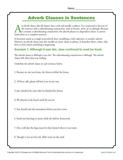 Adverb Clauses In Sentences Clause Worksheets