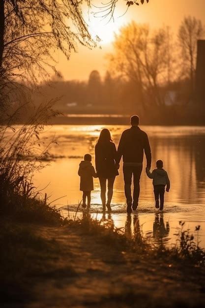 Una Familia Camina Por Un Camino En El Agua Al Atardecer Foto Premium