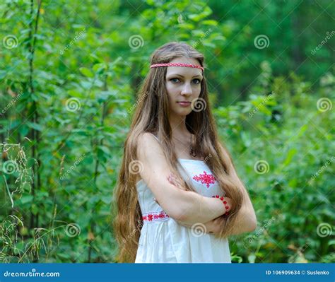 Portrait Of A Young Beautiful Slavic Girl With Long Hair And A Slavic