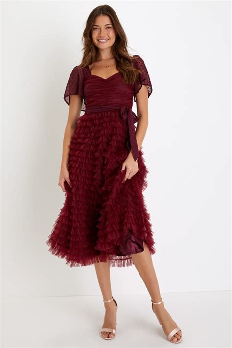 Burgundy Tulle Dress Swiss Dot Midi Dress Tiered Midi Dress Lulus