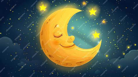A crescent moon with a smiley face is sleeping among twinkling stars ...