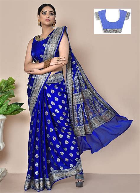 Buy Royal Blue Pure Chiffon Georgette Zari Work Saree Festive Wear