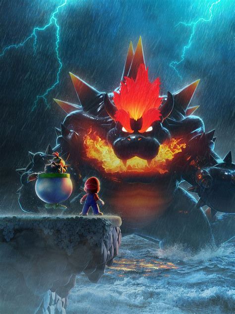 Poster Of Mario And Bowser Jr Confronting A Massive Fiery Bowser