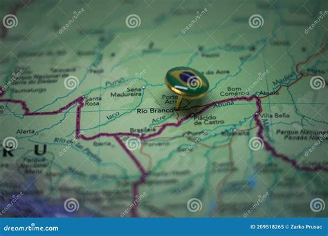 Rio Branco Pinned on a Map with the Flag of Brazil Stock Image - Image ...