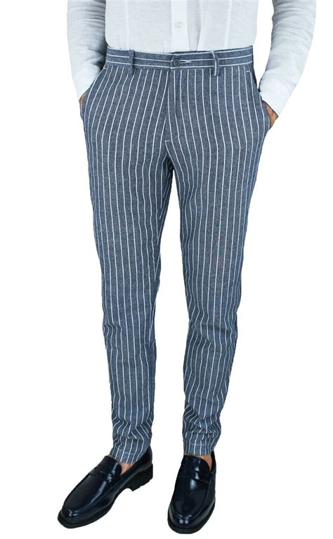 Pantaloni Uomo Lino Blu A Righe Primavera Estate Casual Eleganti Tasca