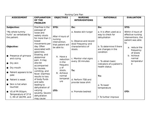 Nursing Care Plans Docx Nursing Care Plan Diarrhea Assessment The