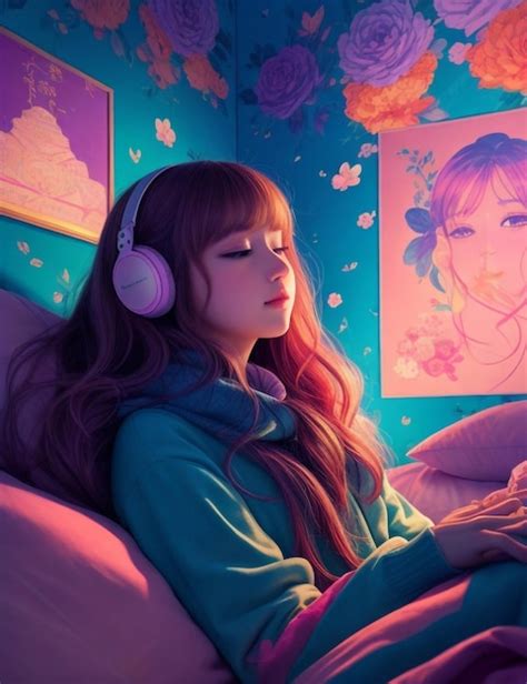 Música lofi hermosa niña escuchando música y durmiendo en la cama fondo