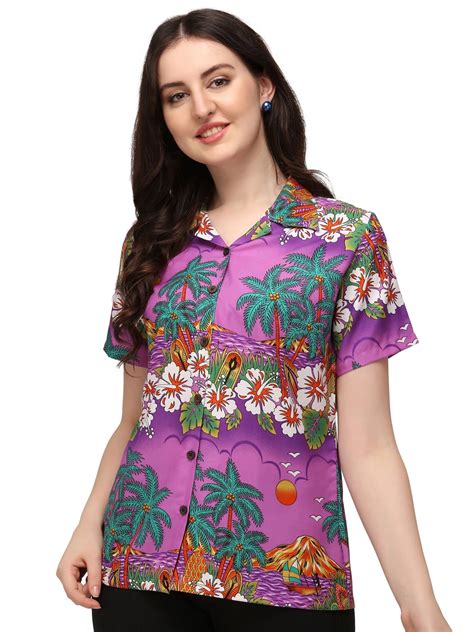 Hawaiian Shirts 44w Womens Floral Scenic Beach Aloha Top Blouse Purple