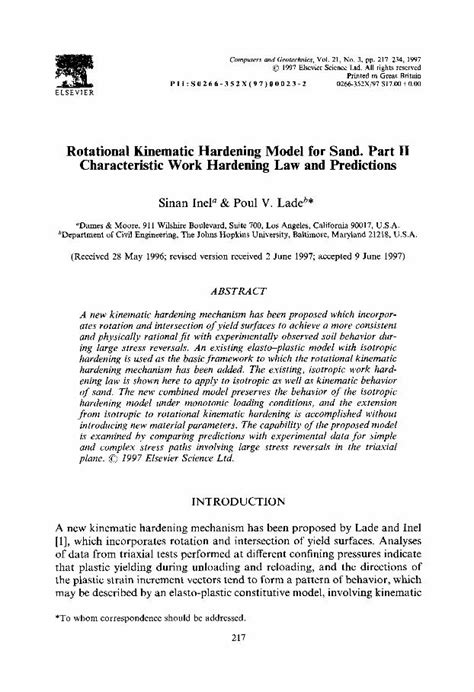 Pdf Rotational Kinematic Hardening Model For Sand Part Ii