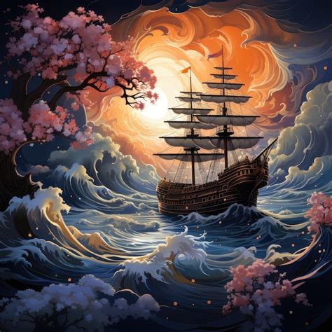 Premium AI Image | ship at sea waves dark fantasy illustration tattoo ...