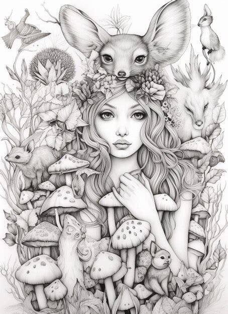 Premium Photo | A drawing of a girl surrounded by animals and mushrooms generative ai