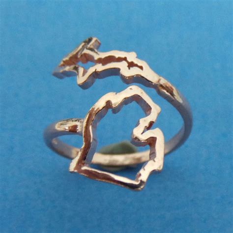 Rose Gold Michigan Map Silver Ring - Ouline Love Country MI Map