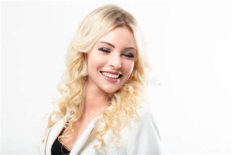 Woman With Blonde Curls Laughing Joyfully Eyes Closed Stock Photo Image Of Beaming Engaging