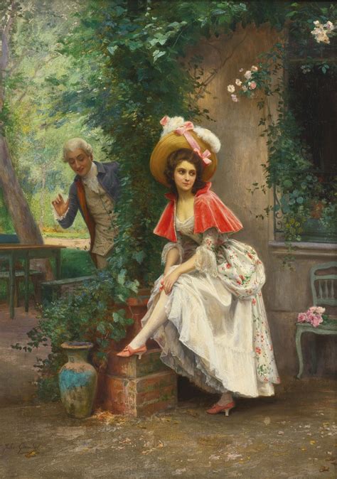 a painting of a woman in a dress and hat sitting on a bench next to a man