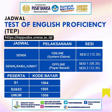 JADWAL TEST OF ENGLISH PROFICIENCY TEP