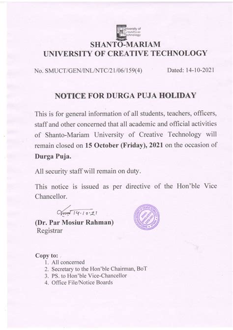 Notice For Durga Puja Holiday Most Popular University In Bangladesh