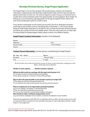 Fillable Online Burnaby Christmas Bureau Angel Project Application Fax