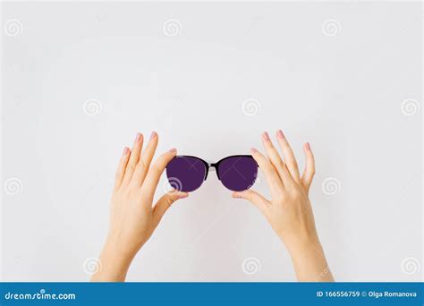 Female Hands Holding Stylish Sunglasses Isolated On White Background Stock Image Image Of