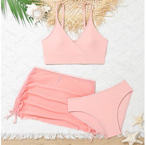Swimsuit For Girls Cute Girls Piece Plain Swimsuit Wrap Bikini With Ruched Cover Up Skirt Set