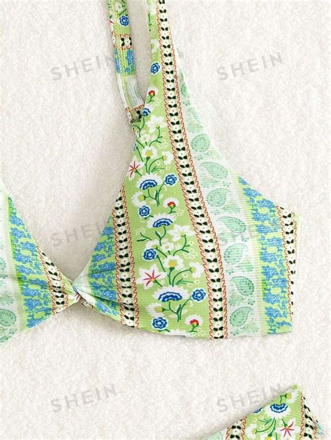 SHEIN Swim Pequeño Conjunto De Bikini De Flores Con Estampado En V